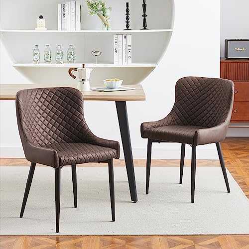 CLIPOP Dining Chairs Set of 2 Brown Faux Leather Lounge Kitchen Leisure Chairs with Backrest and Metal Legs, Accent Chair for Home Office Restaurant Furniture