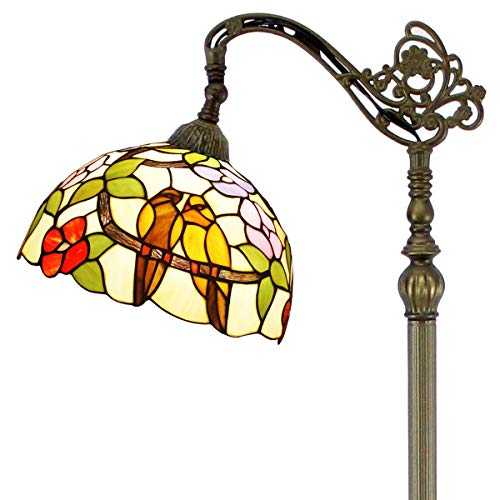 Tiffany Floor Lamp Arc 64" Tall Industrial Pole Vintage Boho Stained Glass Birds Standing Corner Bright Reading Light Arched Gooseneck Adjustable - Living Room Kids Bedroom Office Farmhouse WERFACTORY