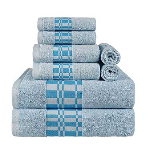 Superior Cotton 8 Piece Towel Set, Plush Quick Dry Decorative Bathroom, Modern Geometric Design with Dobby Border, Face Towels 13” x 13”, Hand Towels 16” x 30”, Bath Towels 30” x 52”, Light Blue