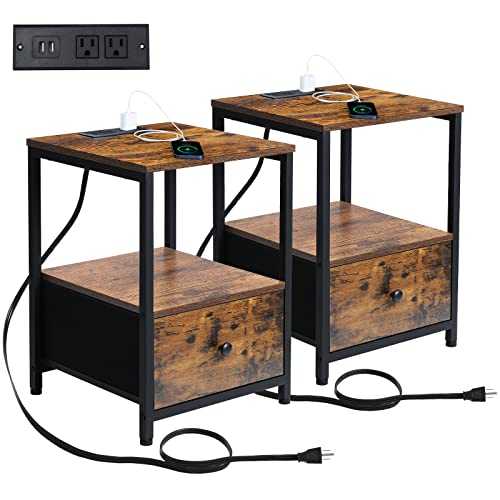 AMHANCIBLE Nightstands Set of 2, End Tables Living Room with Charging Station, Side Table with Storage Fabric Drawers and USB Ports & Power Outlets, Sofa Table for Bedroom Rustic Brown and Black