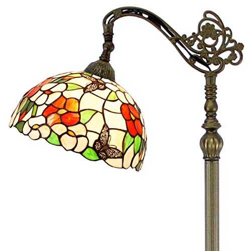 Tiffany Floor Lamp 64" Tall Industrial Pole Vintage Boho Butterfly Stained Glass Arc Standing Corner Bright Reading Light Arched Gooseneck Adjustable Living Room Kids Bedroom Farmhouse WERFACTORY