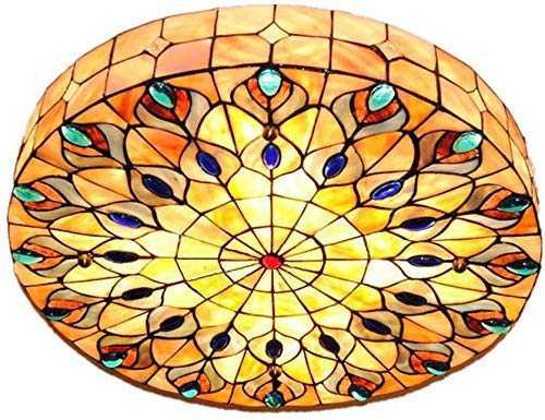 Moerun Vintage Tiffany Ceiling Light Hand-Made Colorful Chandelier Flush Mount Lighting Fixture, Lampshade with Mother of Pearl Decor (20 Inch)