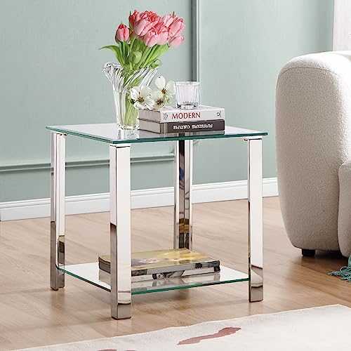 Glass End Table,Side Table with 2-Tier Storage,Coffee Table with Stainless Steel Frame,Living Room Table Modern Style for Living Room, Balcony, Bedroom