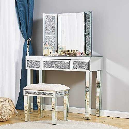 Mirrored Glass Dressing Table Set with Large Trifold Rectangle Mirror Stool and Crystal Handles Modern Vanity Makeup Desk for Bedroom Furniture (Whole Dressing Table Set)