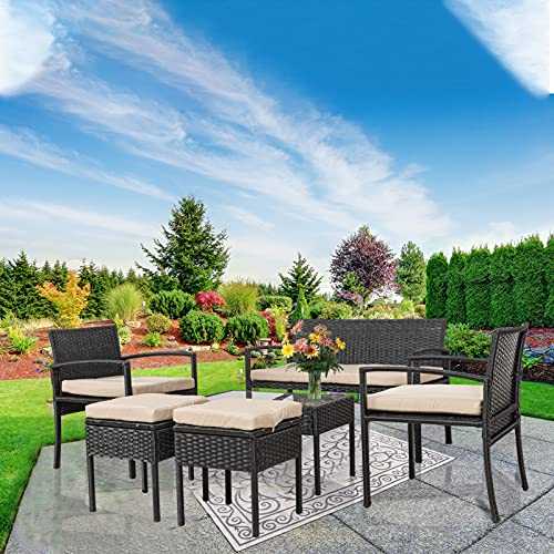 Homsido Rattan Outdoor Garden Furniture Sofa Sets 6 Pieces Conservatory Indoor Outdoor Coffee Table and Chairs,Outside Garden Furniture Sale Clearance with Cushion