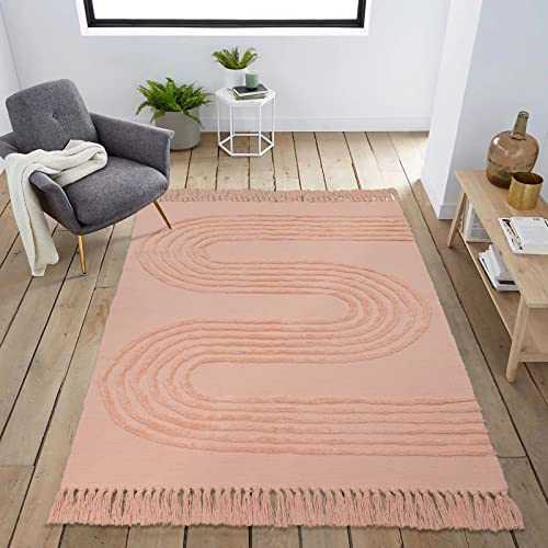 Boho Pink Living Room Rug 5'x7'Washable Cotton Bedroom Rug,Woven Linear Tufted Nursery Area Rug with Tassels Accent Farmhouse Carpet for Teen Room Entryway Dorm