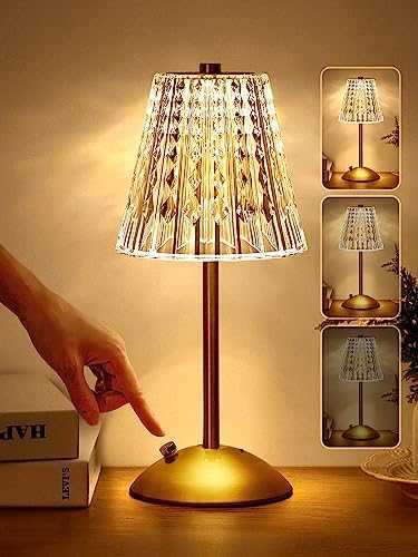 One Fire Table Lamp, Touch Lamps Bedside Lamp, 10-Way Dimmable Crystal Lamp, 3 Colors Rechargeable Lamp,Cordless Lamp for Bedroom,Touch Lamp, Gold Lamp,Table Lamps for Living Room Bedroom Dinner Bar
