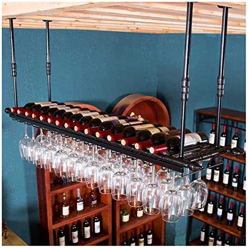 Ceiling Wine Rack, Stemware Holder Ceiling Decoration Shelf Vintage Style Iron Hanging Wine Glass Holder 120x30cm Hold Up 11 Bottles Wine and 30 Cups Glasses (Color : A, Size : 120x30cm)