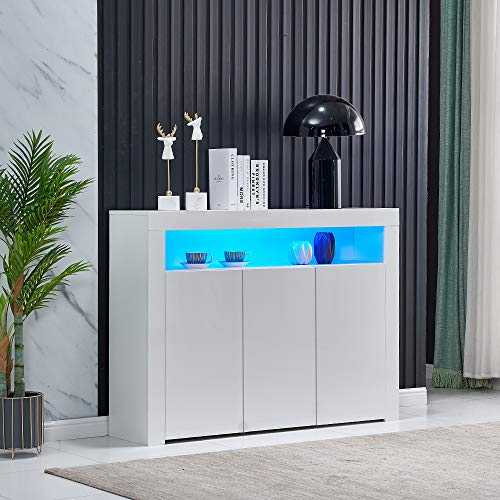 nozama High Gloss LED Sideboard Storage Cabinet White 3-door Cupboard Cabinet with 16 Colors Strips Living Room Modern LED Sideboard Cabinet Controlled by Remote (White)