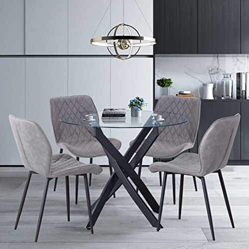 GOLDFAN Dining Table and Chairs Set 4 Modern Glass Round Kitchen Table 4 Fabric Chairs with Metal Legs,Gray