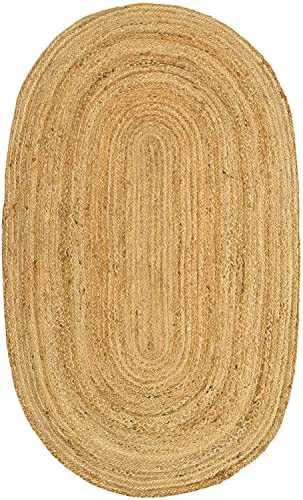 IMPEXART PVT LTD Area Rugs for Living Room Hand Woven Oval Jute Rug 90 x 60 cm Cotton Rustic Decorative Vintage Braided Reversible Rug for Bedroom, Farmhouse and Kitchen