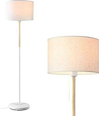 Floor Lamp Warm White Floor Light, Farmhouse Tall Standing Lamp with Linen Lampshade Reading Standing Lamp for Living Room, Tall Pole Lamp for Bedroom/Family/Office (White)