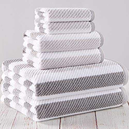 Truly Lou 100% Cotton Quick Dry Textured Bath Towel Set, 6 Piece Set - 2 Bath Towels, 2 Hand Towels and 2 Washcloths, Highly Absorbent, Fast Drying, Striped Pattern, Bathroom Towel Set (Grey)