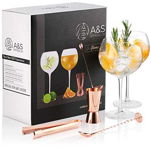 A&S Gin Glasses Set - Gin Glasses Set of 2 with Rose Gold Accessories Including Cocktail Spoon, Double Sided Jigger and Ice Tongs. Perfect 5 Piece Cocktail Glass Set - Gin Gift Set