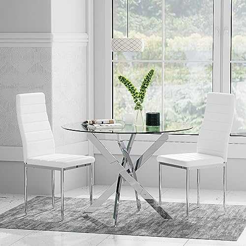GOLDFAN Glass Dining Table Set and 2 Faux Leather Backrest Chairs Modern Round Kitchen Table Dining Room Set, 100cm, White