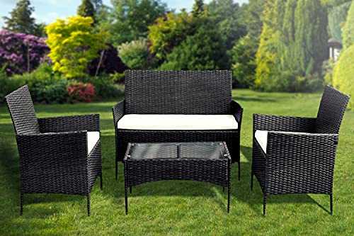 KEPLIN 4pc Rattan Garden Furniture Set – Outdoor Lounger Sofa, Chairs and Table Bistro Set for Lawn, Patio, Inside Conservatory – Easy to Store, Stackable, Ideal for Dining in the Sun - Black