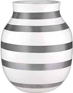 HAK Kähler Omaggio vase made of porcelain with stripes, modern vase, round, bulbous, Scandinavian design vase for flowers, silver, 20cm