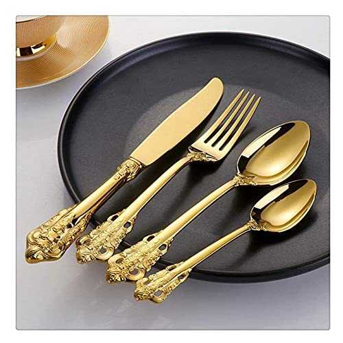 Vintage Western Gold Plated Cutlery 24pcs Dining Knives Forks Teaspoons Set Golden Dinnerware Engraving Tableware Set Forks Set (Color : 1set 24pcs)