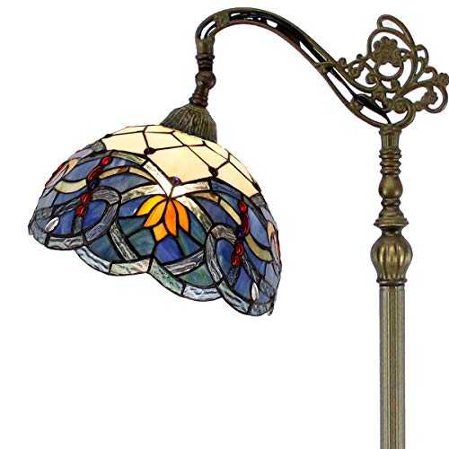 Tiffany Style Reading Floor Lamp Lighting W12H64 Inch Blue Stained Glass Lotus Lampshade Antique Adjustable Arched Base S220 WERFACTORY LAMPS Living Room Bedroom Beside Table Desk Girlfriend Gifts