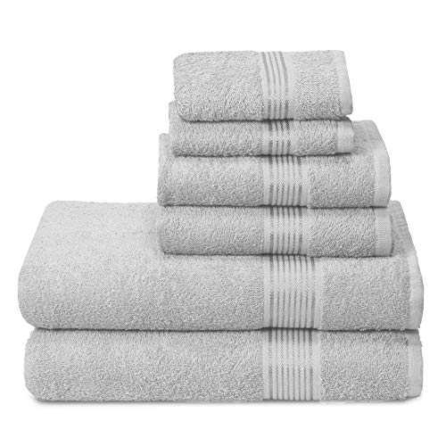 GLAMBURG Ultra Soft 6 Pack Cotton Towel Set, Contain 2 Bath Towels 70x140 Cm, 2 Hand Towels 40x60 Cm & 2 Wash Cloths 30x30 Cm, Ideal for Gym Travel & Everyday use, Compact & Lightweight - Light Grey