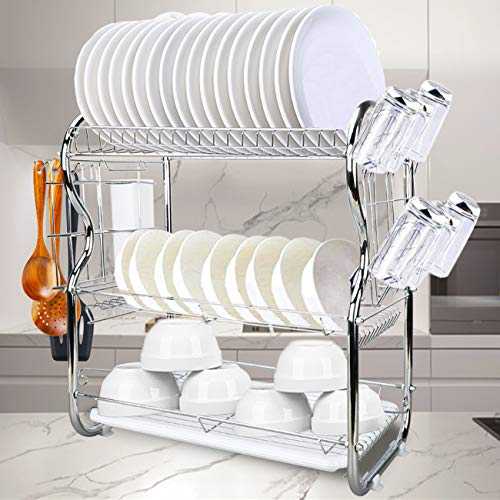 Triclicks Dish Drying Rack 3-Tier Dish Rack Dish Drainer Rack Stainless Steel Rack Dish Cutlery Drainer Plates Holder with Drainboard/Knives/Cups/Chopsticks Holder