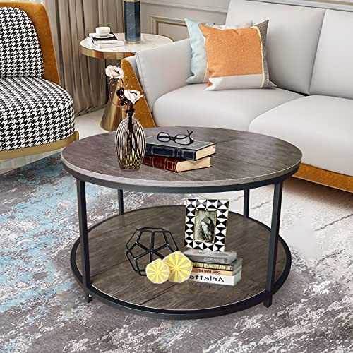AT-VALY Round Coffee Table with Storage Open Shelf,Wooden Top & Sturdy Metal Frame,Sofa Table for Living Room, Bedroom and Office (Black Metal Rack with Antique Wood MDF Board)