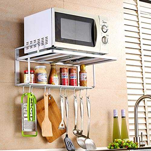Double Layers Microwave Shelf Wall Mounted, Space Aluminum Alloy Kitchen Storage Organizer, Microwave Wall Shelf Kitchenware Rack, 3in1 Microwave Oven Rack Stand with 10 Hook for Pan Pot Knife Spoon