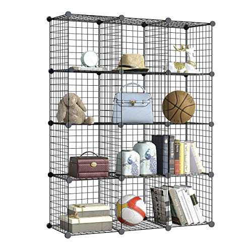 BRIAN & DANY 12-Cube Wire Storage Cubes, Larger Cubes (35cm vs. 30cm), DIY Wire Grid Bookcase, Multi-Use Modular Storage Shelving Rack, Black