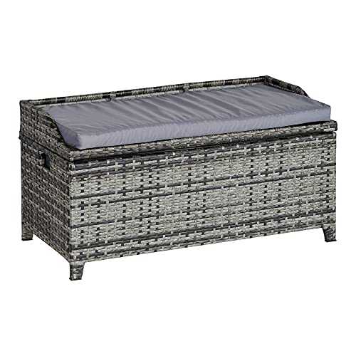 Outsunny Patio PE Rattan Wicker Storage Basket Box Bench Seat Furniture w/Cushion Mixed Grey
