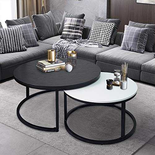 Usinso Round Coffee Tables,2 Round Nesting Table Set Circle Coffee Table with Storage Open Shelf for Living Room Modern Minimalist Style Furniture Side End Table of Stable(Black & White)