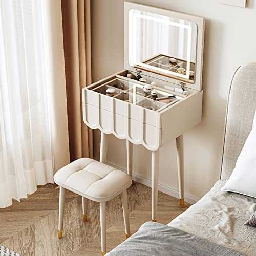Vanity Set Upholstered Stool, Vanity table with Drawers, Dressing Table with Flip Top Mirror, Makeup Table 3-Color Adjustable Touch Light, desk and vanity combo ( Color : White , Size : 60cm/23.6in )