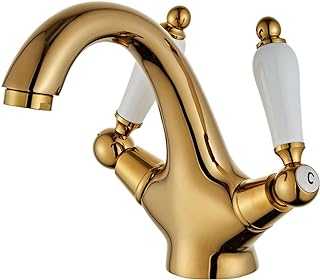 Maynosi Bathroom Basin Mixer Tap, Basin Faucet with Dual Ceramic Levers, Traditional Victorian Monobloc Sink Taps, Luxury and Vintage Faucets, Solid Brass, Include Flexible Tails (Gold)