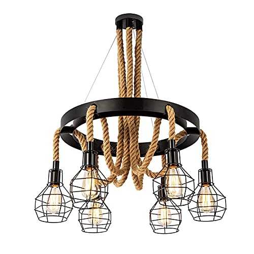 Vintage Chandelier, Retro Steampunk Farmhouse Rope Ceiling Pendant Light with Cage Shades, 6-Head Industrial Ceiling Light Multiple Adjustable Hanging for Kitchen Island Dining Room