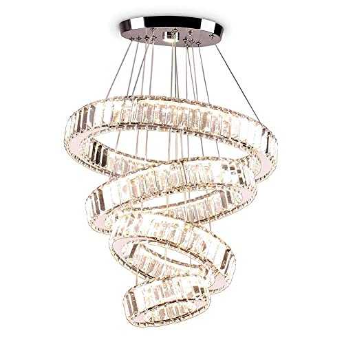LED Crystal Chandelier Modern 4 Rings Crystal Ceiling Lighting Contemporary Chandeliers Adjustable Stainless Steel Pendant Lights Fixtures for Dining Room Living Room Bedroom Stairs (Warm Light)