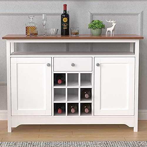 Retro White Sideboard with 9 Wine Rack for Living Room/Kitchen, Storage Cabinet with Drawer and Shelf, Console Table for Hallway, Farmhouse Storage Cupboard Buffet for Dining Room Multifunctional