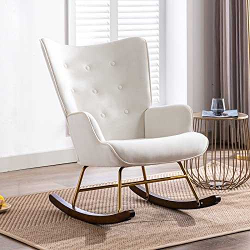 Wahson Velvet Rocking Chair Modern Armchair Tufted Wingback Accent Chair with Thick Padded Seat, Leisure Relax Chair for Nursery/Bedroom/Living Room, White