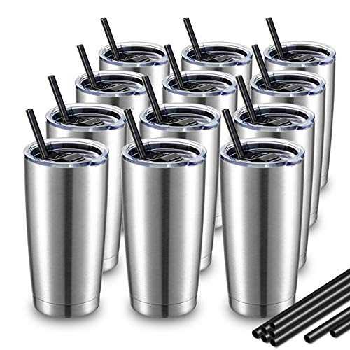 ALOUFEA 20oz Stainless Steel Tumblers Bulk, Vacuum Insulated Tumblers Pack with Lid and Straw, Double Wall Coffee Tumbler, Powder Coated Travel Coffee Mug (Stainless, Set of 12)