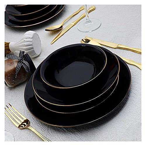 Zholuzl Easy to clean Gilded 24-Piece Porcelain Dinnerware Black Dining Set 6 Platte 6 Cake Plate 6 Dinner Plate - 6 Bowl High-end custom