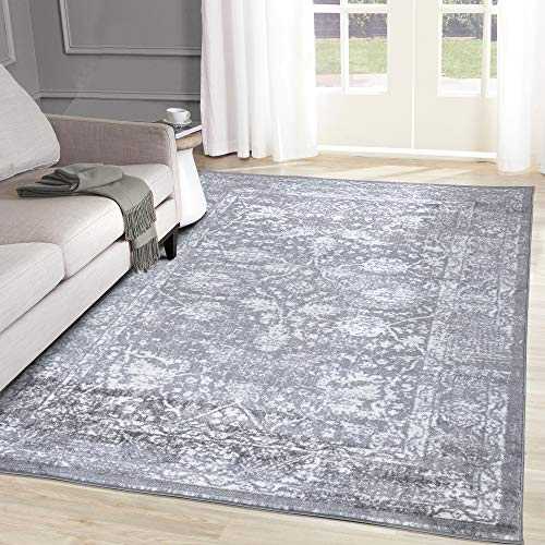 A2Z Rug|Santorini 6076 Grey Silver Vintage Overdyed Floral Pattern With Border|Entry Transitional Area Runner Rug|Soft Short Medium Pile|80x150cm-2'7" x4'11 ft Small Carpet