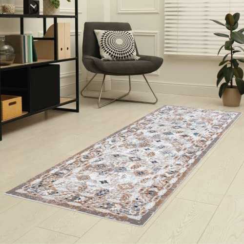 2x6 ft Boho Runner Rug - Versatile Area Rug for Hallway, Kitchen, Bathroom, Entryway, Laundry Room, Bedroom - Grey, White and Natural Tones- Oriental Style - Soft Thick Rug with Tribal Patterns