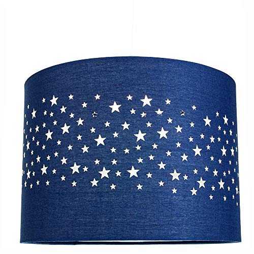 Stars Decorated Childrens/Kids Midnight Blue Cotton Bedroom Pendant or Lamp Shade Creates Stunning Effect Against The Wall | 25cm Diameter | 60w Maximum by Happy Homewares