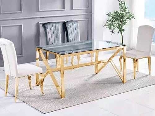 Dining Table Tempered Glass Transparent White with Golden Legs