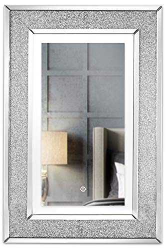CARME Valentina - Luxury Wall Mirror with Touch Sensor LED Lights Crushed Diamond Glass Design For Bedroom Living Room Hallway (Silver)