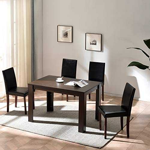 Cherry Tree Furniture 5-Piece Dining Room Set 4-Seater Dining Table with 4 Chairs, Walnut Colour Table with Black PU Leather Seats