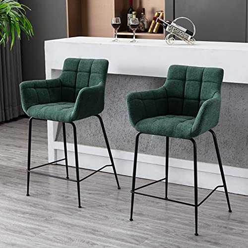 Wahson Set of 2 Bar Stools Fabric Counter Chairs for Kitchen Islands Breakfast Bar Stools with Backrest & Armrest Black Metal Legs,Green