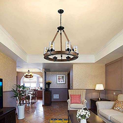 Farmhouse Vintage Wood Wagon Wheel Ceiling Chandelier, 24.8" Rustic Kitchen Island Pendant Light with 6 Crystal Glass Bubble Lampshade, Dining Room Hanging Lighting Fixtures