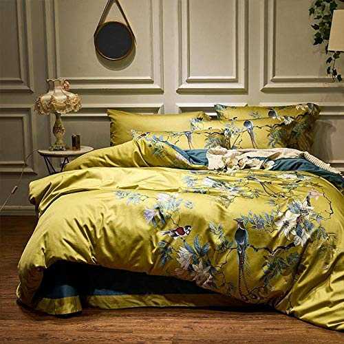 geek cook Bedding 4 piece bed sheet set,Yellow Silky Egyptian cotton Chinoiserie style Birds Plant Duvet Cover Bed sheet Fitted sheet set King Queen Size Bedding Set-1_King size 4Pcs