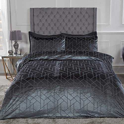 Sleepdown Geometric Crushed Velvet Abstract Charcoal Grey Luxury Soft Cosy Duvet Cover Quilt Bedding Set with Pillowcases - King (220cm x 230cm)