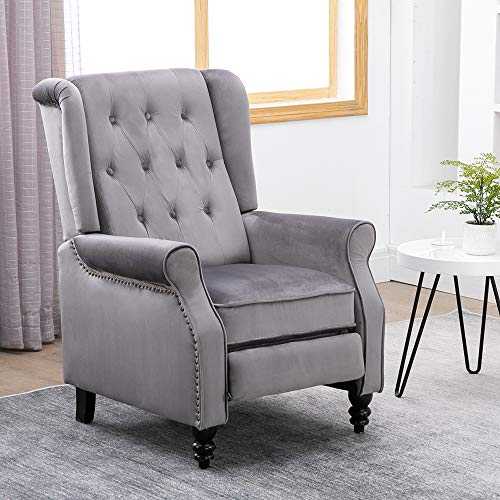 BOJU Adjustable Living Room Recliner Chair Grey Vintage Bedroom Armchair Single Sofa Chair Wing Back with Velvet Fabric Upholstered Seat Push Back Fireside Reclining Chairs