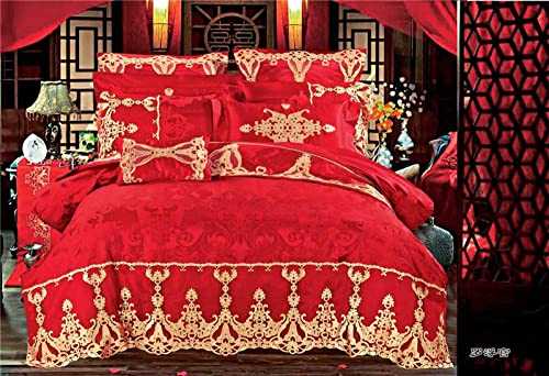 HJRBM 4/6/9 Pcs Luxury Jacquard Wedding Bedding Sets Bed Set Cotton Bed Spread Duvet Cover/Pillowcases,4,Queen Size 9pcs (1 King Size 4pcs)
